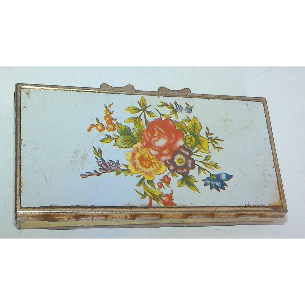 Vintage 1950s Rectangular Floral Tin Rose Bouquet Litho Pill Box Collectible